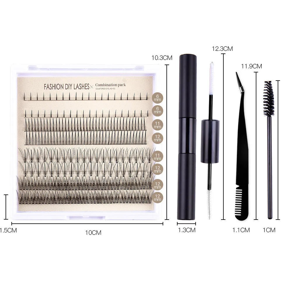 DIY false eyelash extension kit showing segmented clusters, black and pink adhesive bottles, an applicator brush, and tweezers on a pink background.
