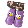 Cartoon big-eyes dog socks with anti-slip particles, cotton blend, green grey purple yellow, sizes S M L