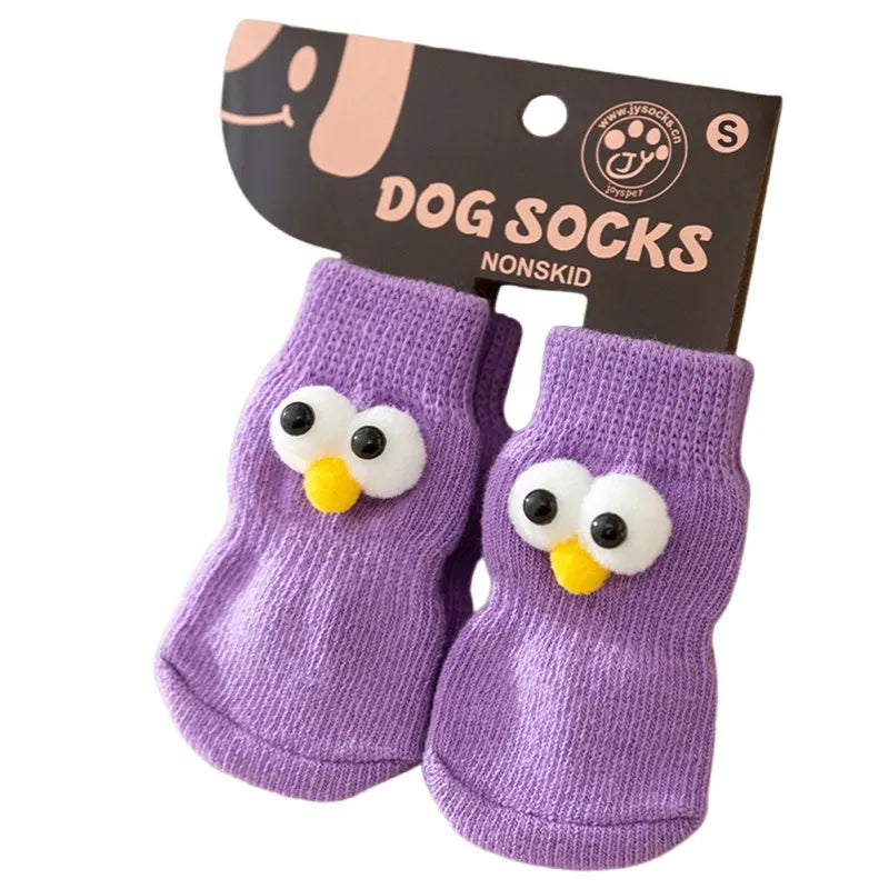 Cartoon big-eyes dog socks with anti-slip particles, cotton blend, green grey purple yellow, sizes S M L