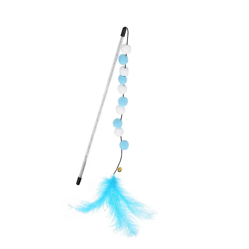 31cm cat teaser interactive toy rod with bell and pompon feather attachments in four colour options