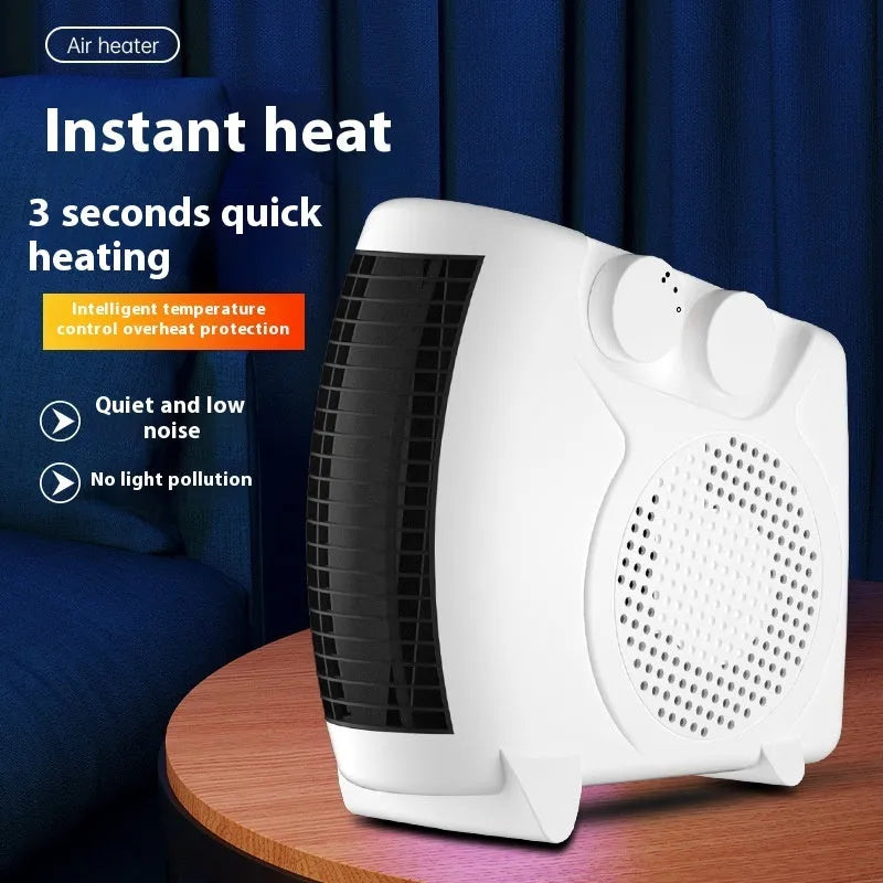 Small white rectangular electric heater for desktop or floor use.