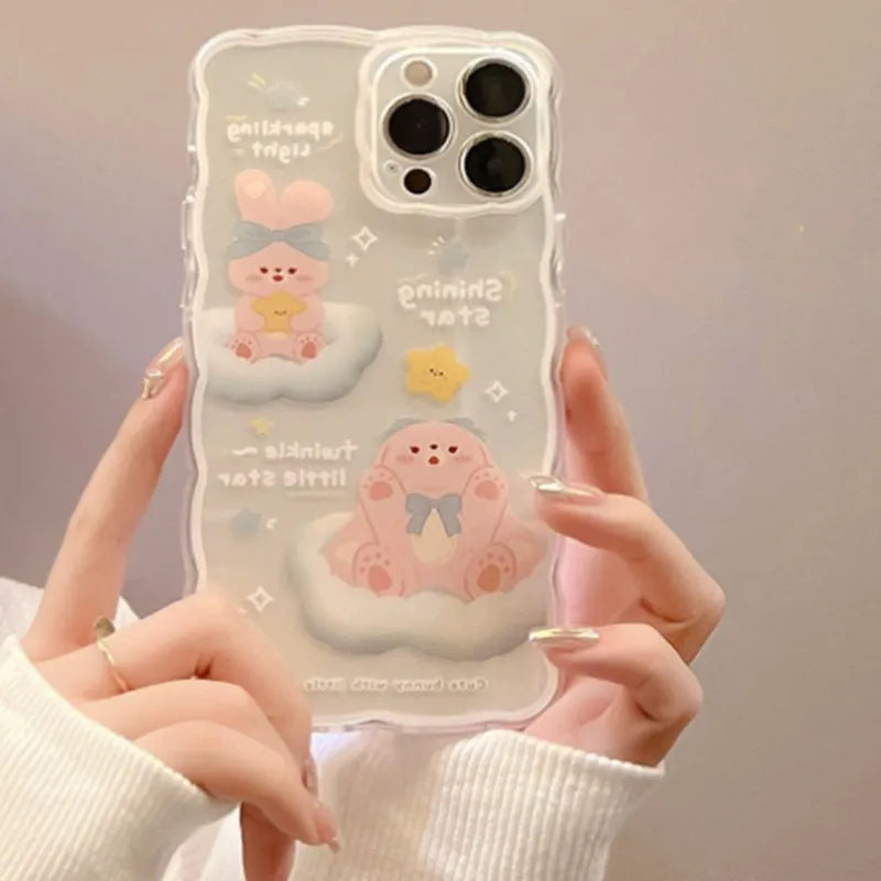Silicone TPU iPhone case with cartoon painted back cover, available in Flower Bear, Pink Cloud Bear, Pink Tulip, and White Cloud Bear.