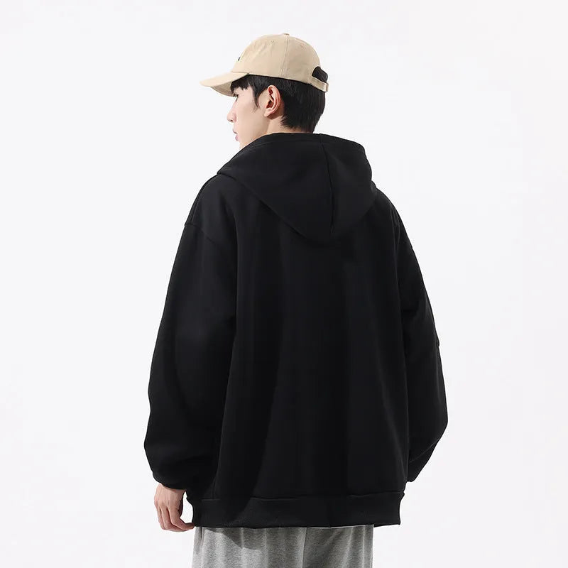 Teenagers loose hooded cardigan in solid colour polyester fibre, available in black, gray, and dark blue