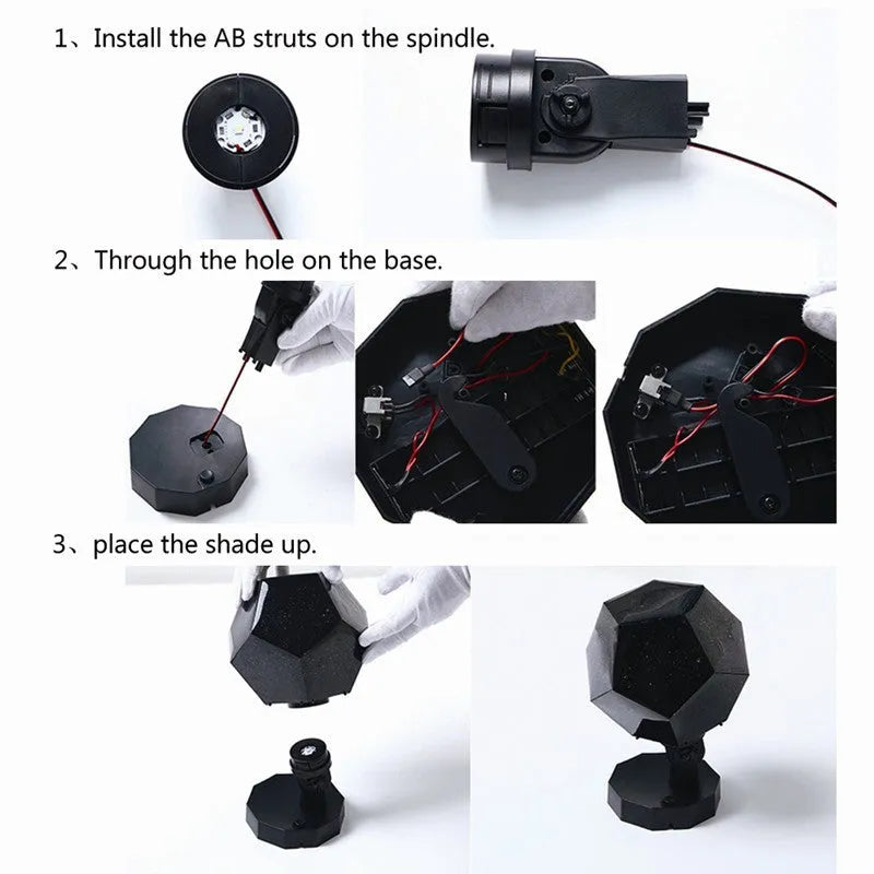 LED starry sky projector night lamp on a table projecting constellations onto a dark bedroom ceiling.