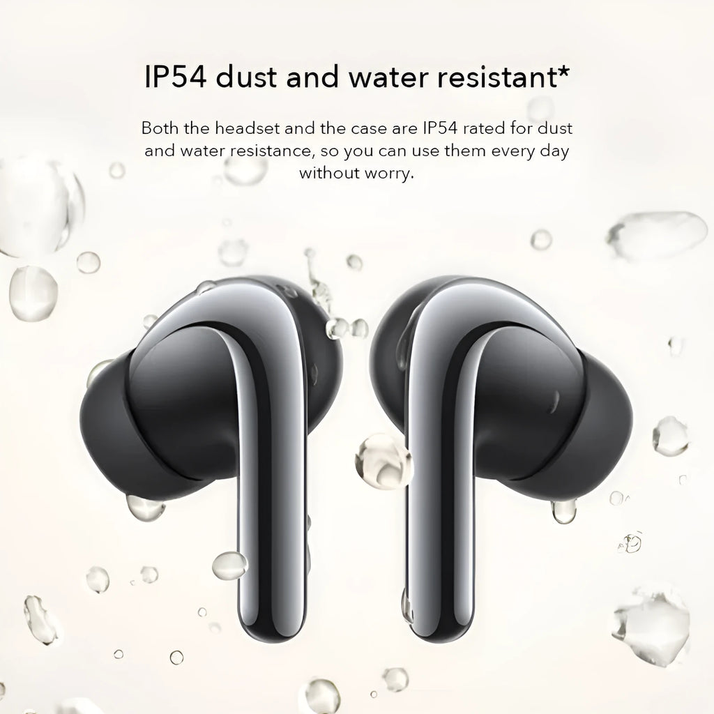 Black and gold true wireless Bluetooth earbuds with charging case, featuring active noise reduction technology.