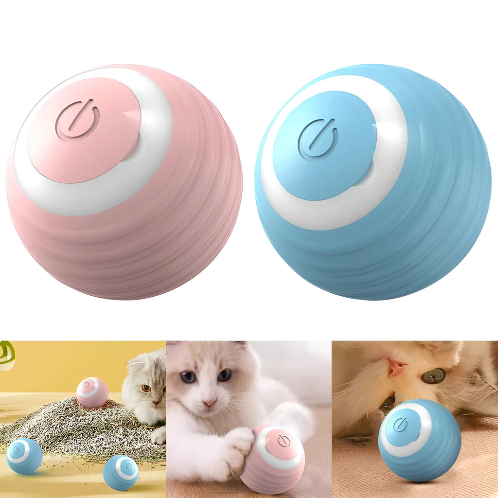Blue automatic rechargeable moving ball cat toy on a wooden floor.