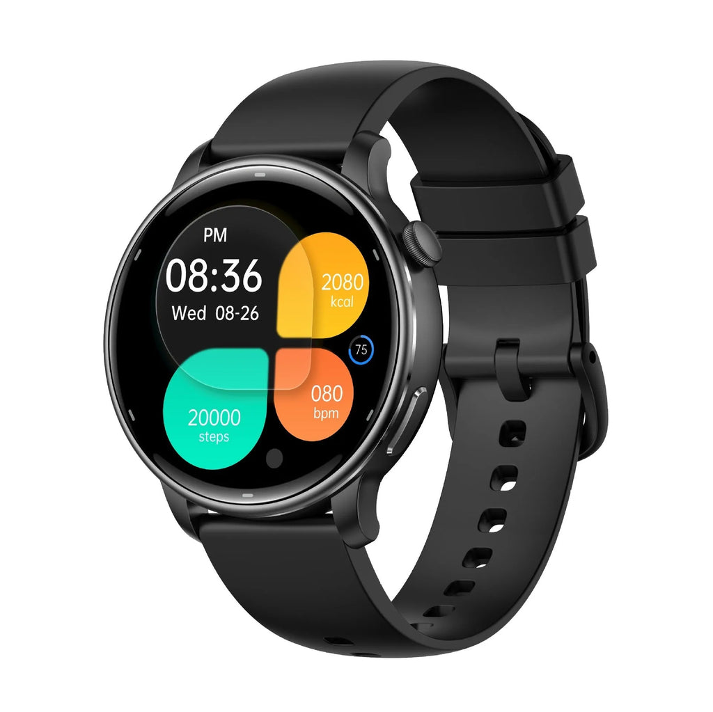 Smart watch with AMOLED screen on black rubber band showing fitness tracking features