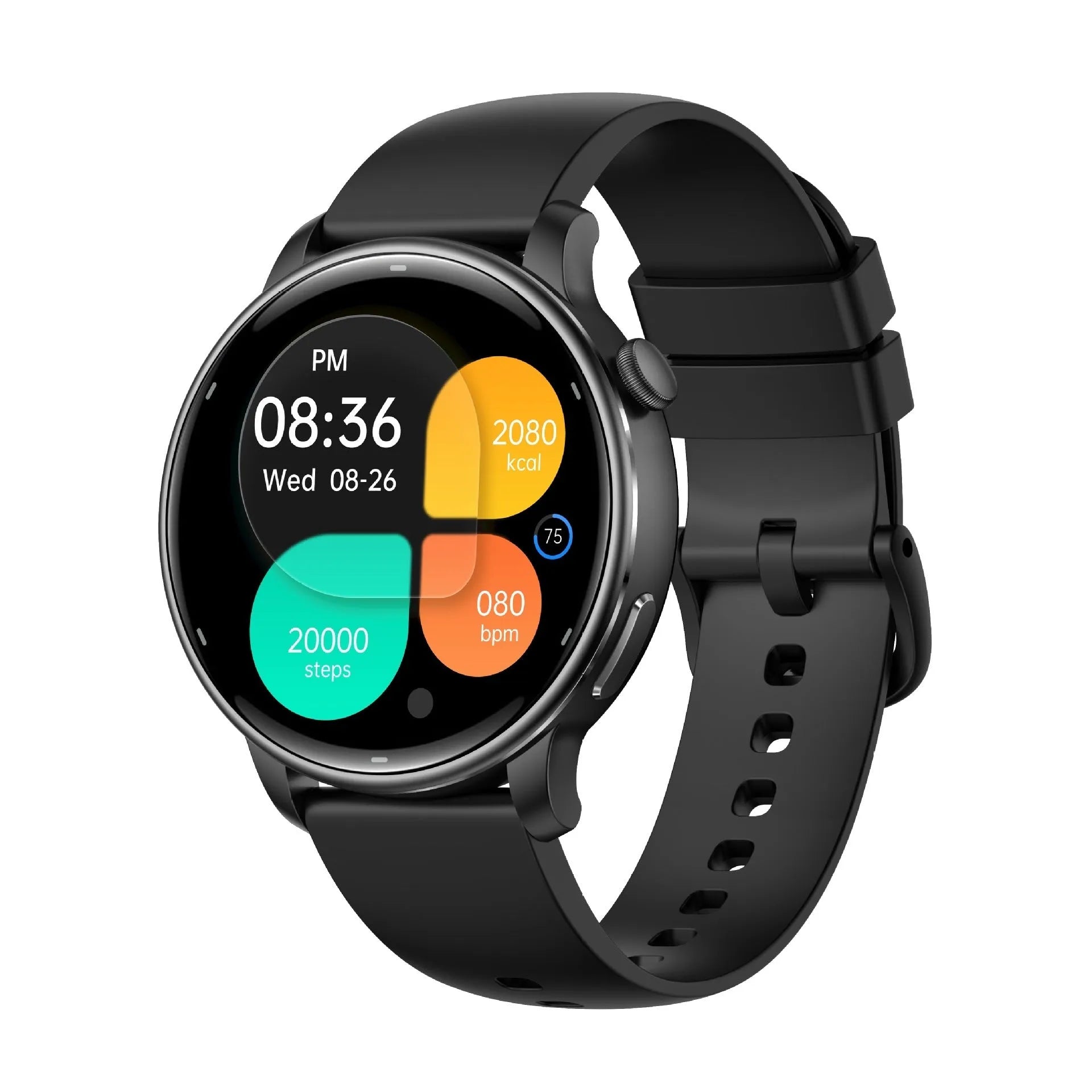 Smart watch with AMOLED screen on black rubber band showing fitness tracking features