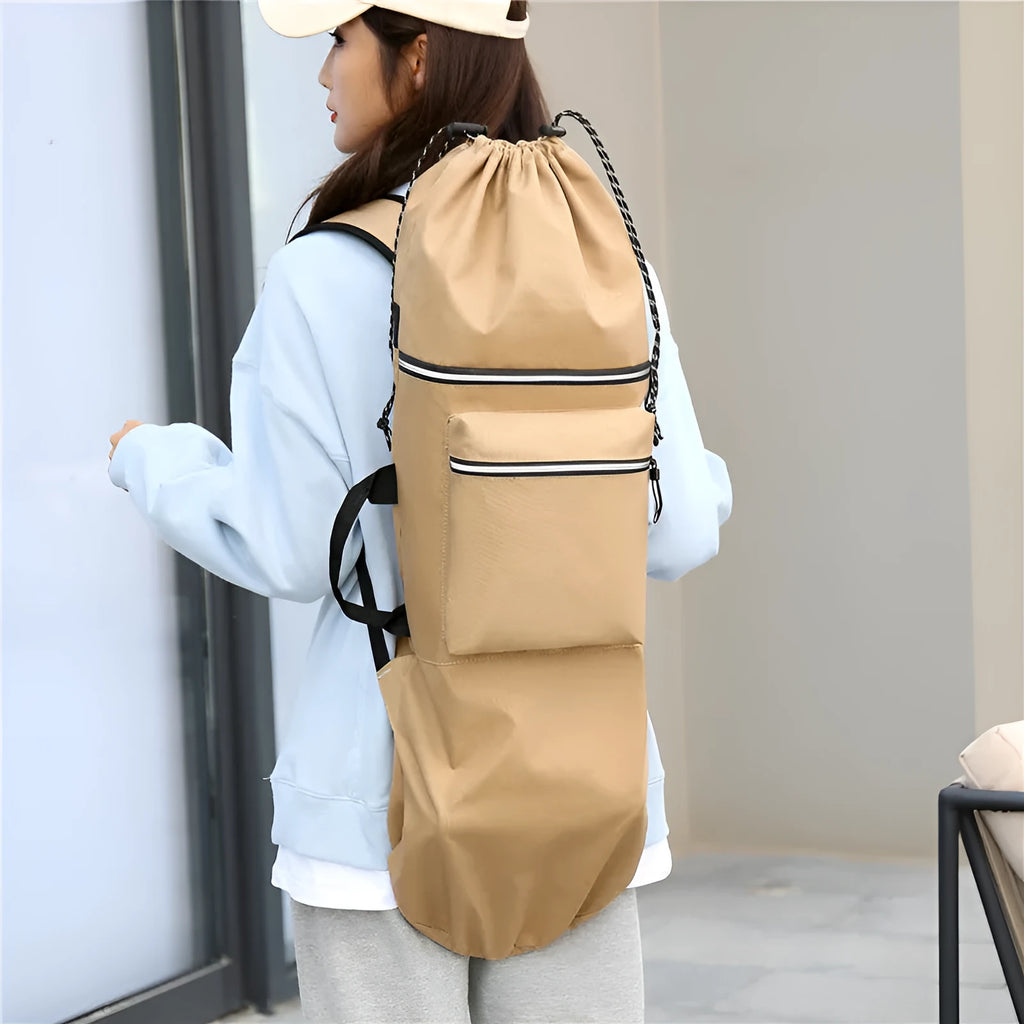 Black waterproof nylon skateboard bag with shoulder strap, showing 90cm length for longboards or fishing rods.