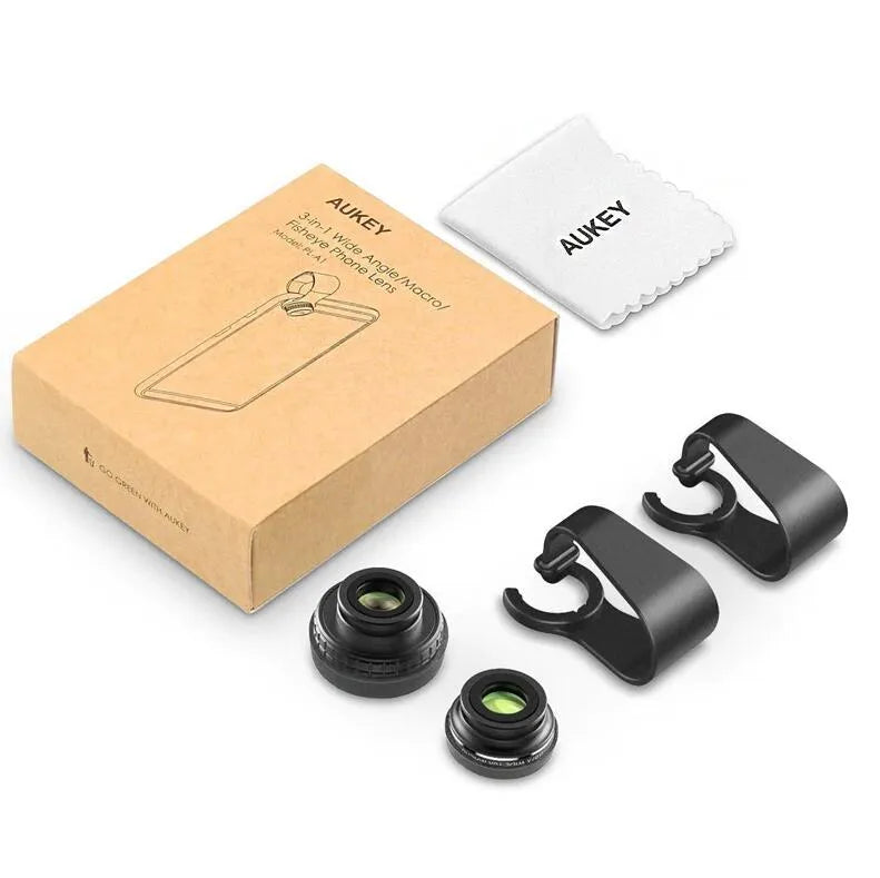 Aukey PL-A1 three-in-one phone lens kit with fisheye, wide angle, and macro lenses and clip.