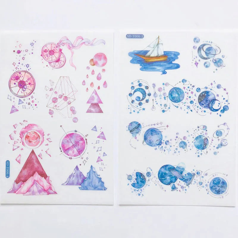 Abu Japanese paper sticker set with fantasy stars pattern, showing 10.5 by 14.1 cm size
