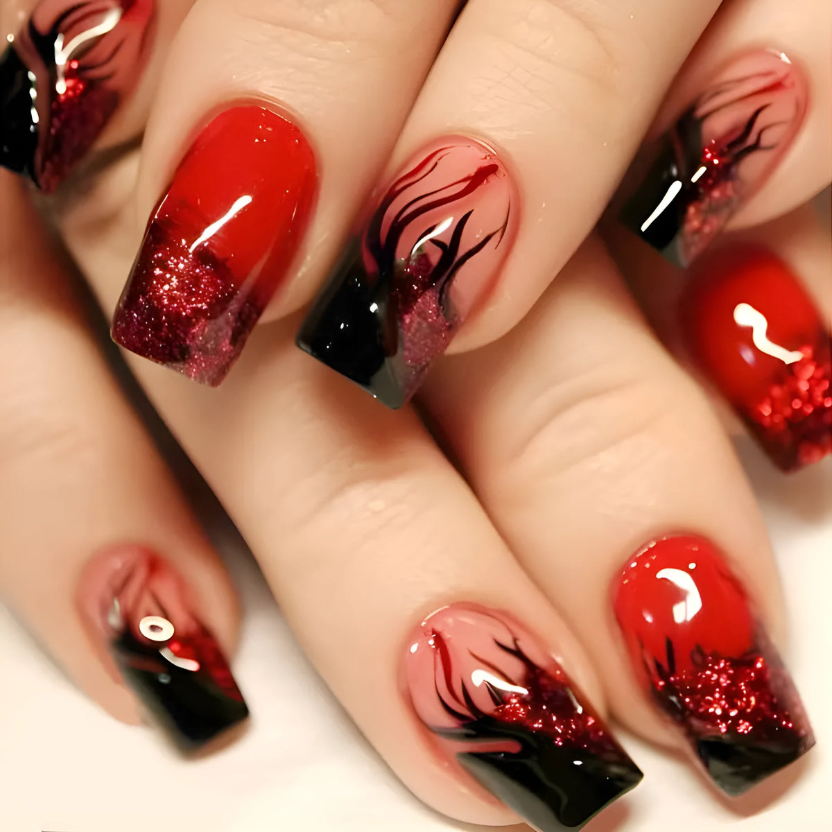 Colorful flame fire pattern fake nail patch set in long European square shape with jelly glue and rubbing strips