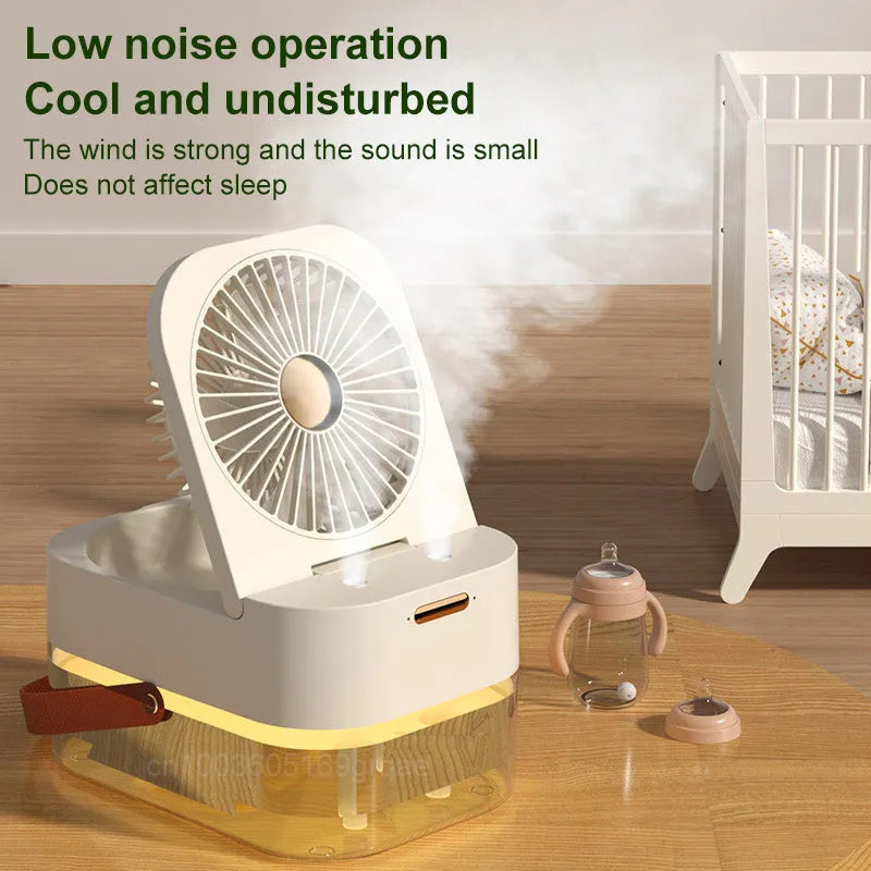 Portable pearl white USB desktop humidifier fan with night light on a wooden desk.