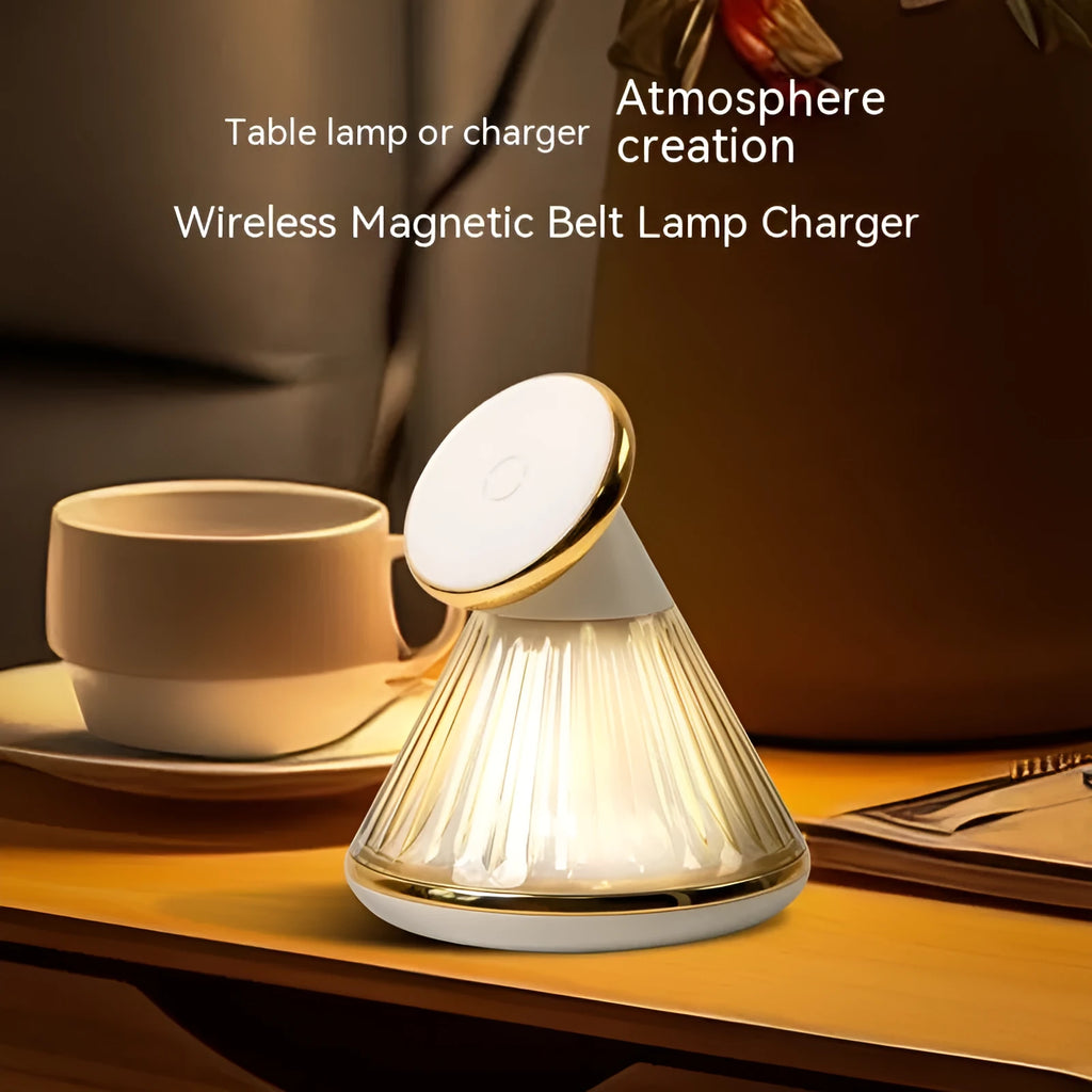 Night table lamp with magnetic wireless charging seat showing champagne gold finish and adjustable lighting