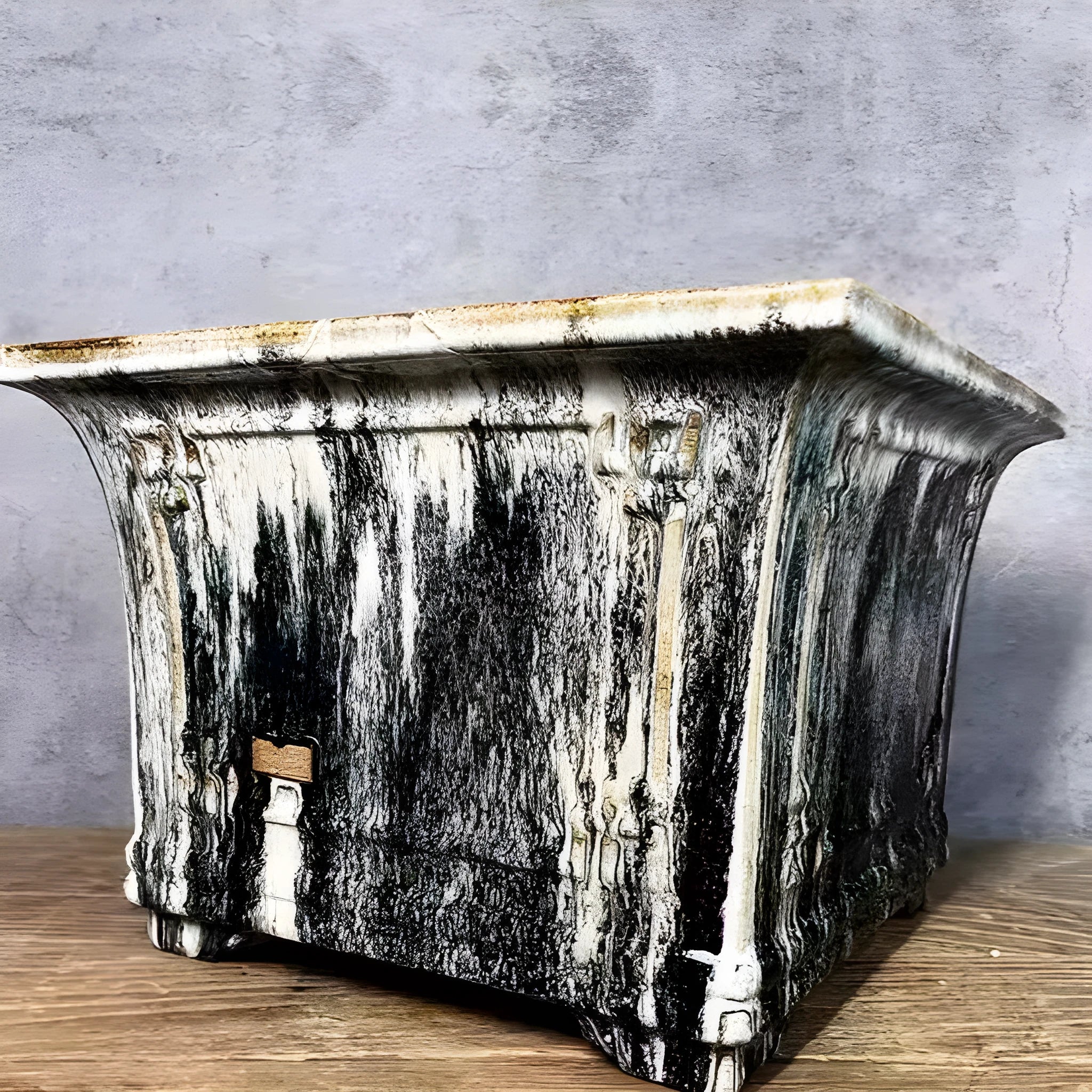 Ceramic square mouth flower pot with green crackle glaze finish, large size 36, on wooden surface