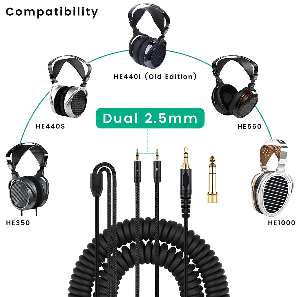 Black headset cable with dual 25mm plugs for HE400i He560 headphones, 1.8m length