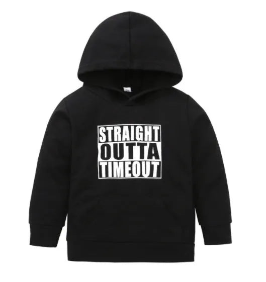 Boys' black hooded sweater with white letter pattern on front, long sleeves and pullover design