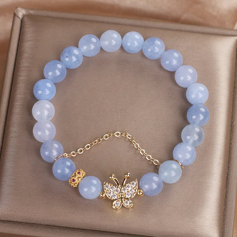 Sky blue aquamarine butterfly crystal bracelet for women with pearls, rhinestones and sequins