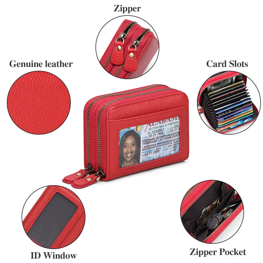 Genuine cowhide leather double layer card holder with zipper, shown in red colour with gift box.