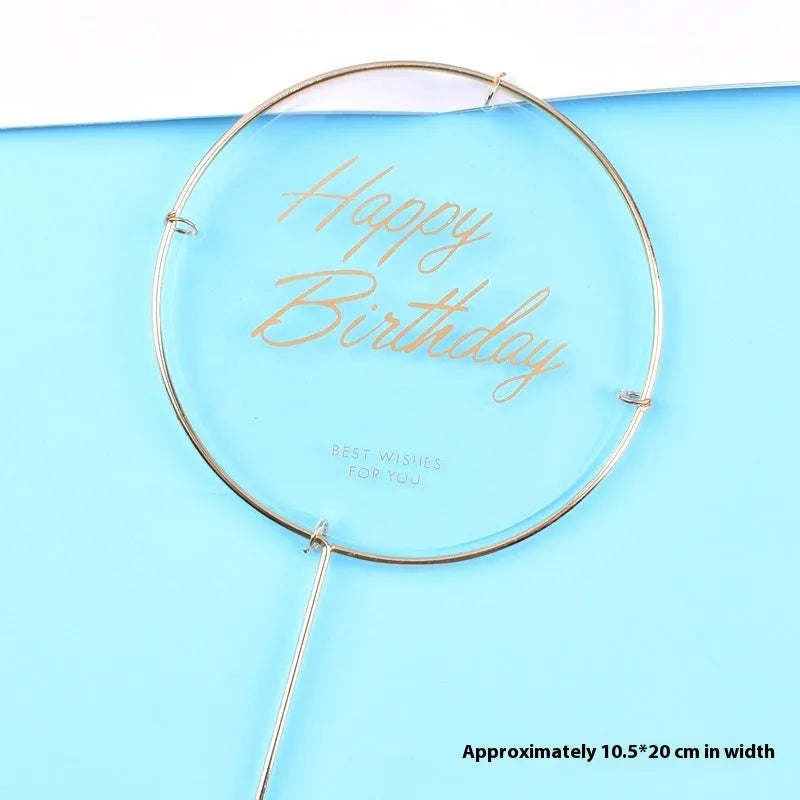 Acrylic happy birthday cake inserting decoration with plastic card and wrought iron stand in butterfly pink style