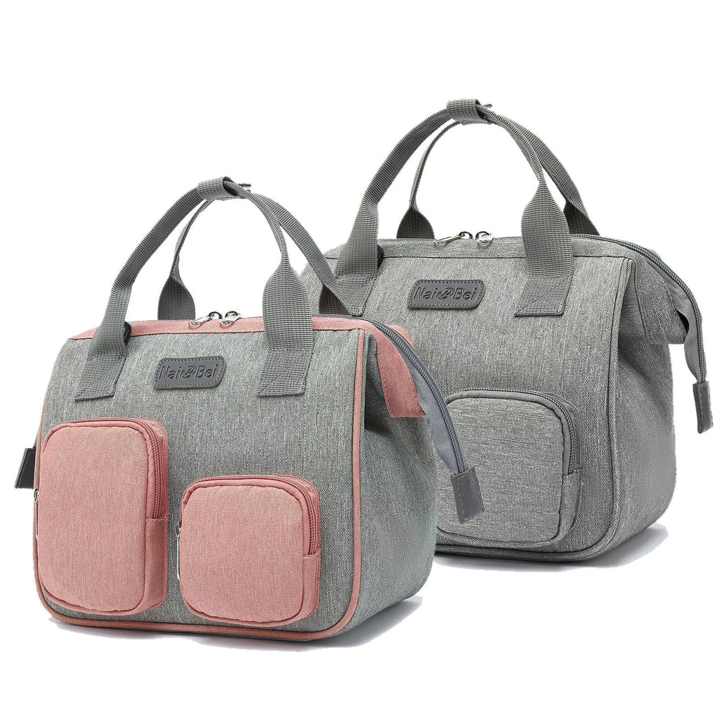 Grey waterproof Oxford cloth women's handbag with three-dimensional pocket and organised interior compartments.