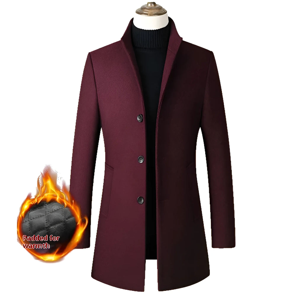 Men's single-breasted stand collar coat in solid colour with side pockets, wool-blend fabric, available in multiple colours and sizes