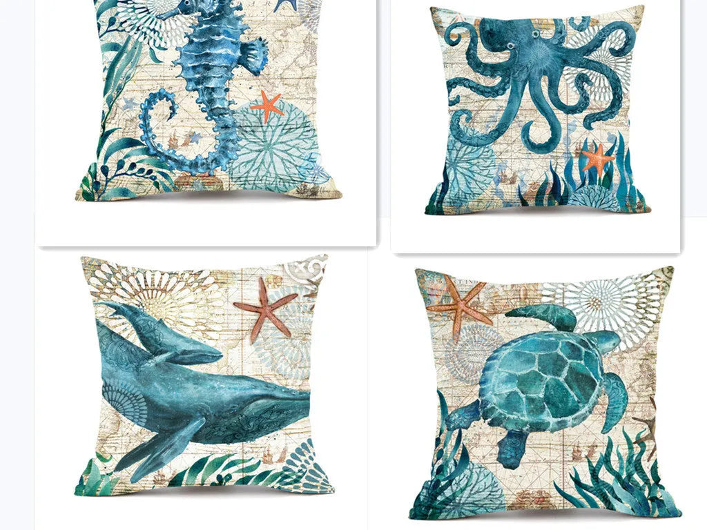 Square linen cushion cover with a colourful high-definition sea turtle print, showing the invisible zipper.