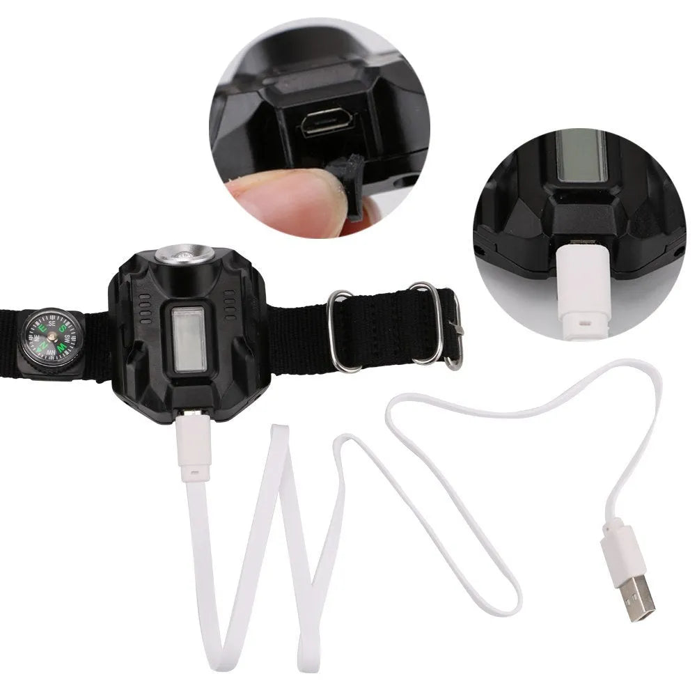 Black LED wrist watch flashlight with compass and time display, USB rechargeable, 4 mode, 100g, 22 x 2.4cm wristband
