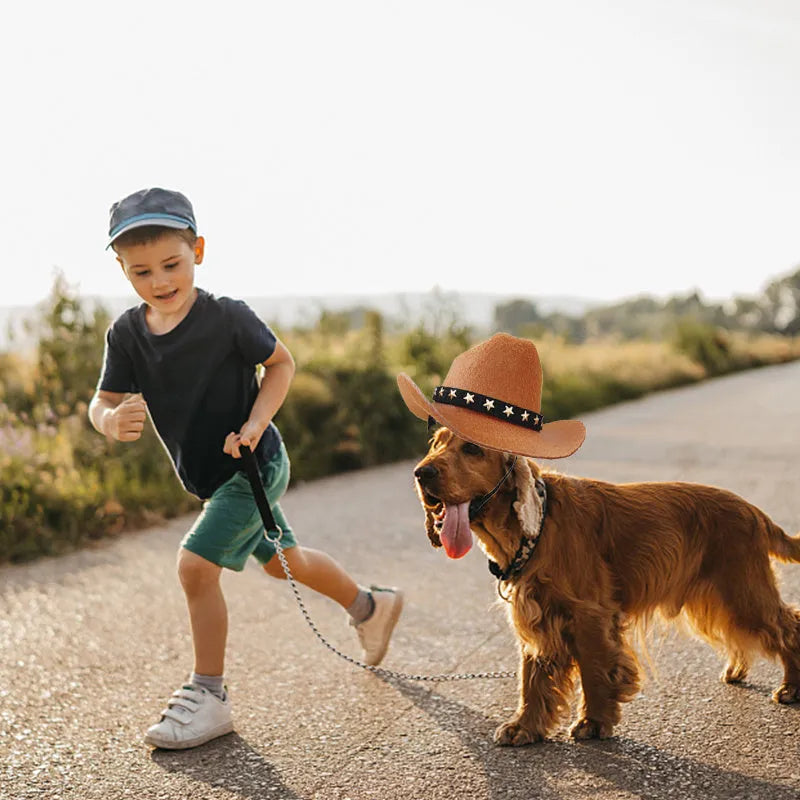 Black star pattern cowboy hat on pet with adjustable strap