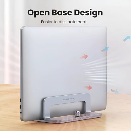 Silver aluminium alloy laptop cooling bracket with width adjustment slots for vertical notebook stands