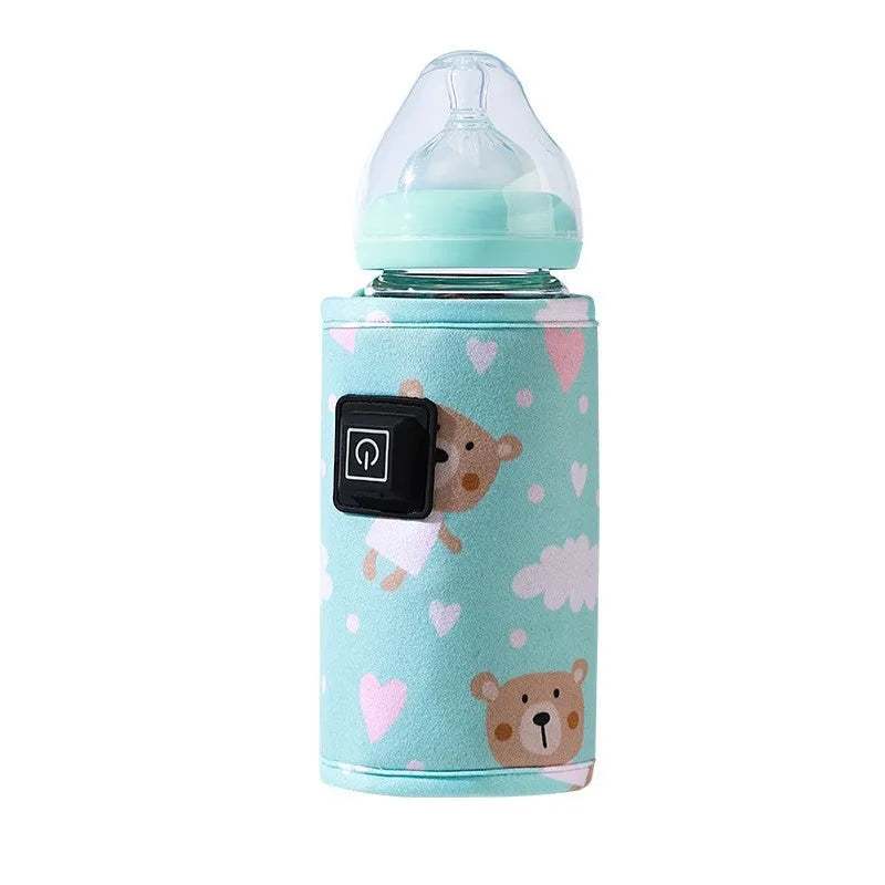 USB-powered baby bottle insulation cover in a blue dinosaur cartoon design.