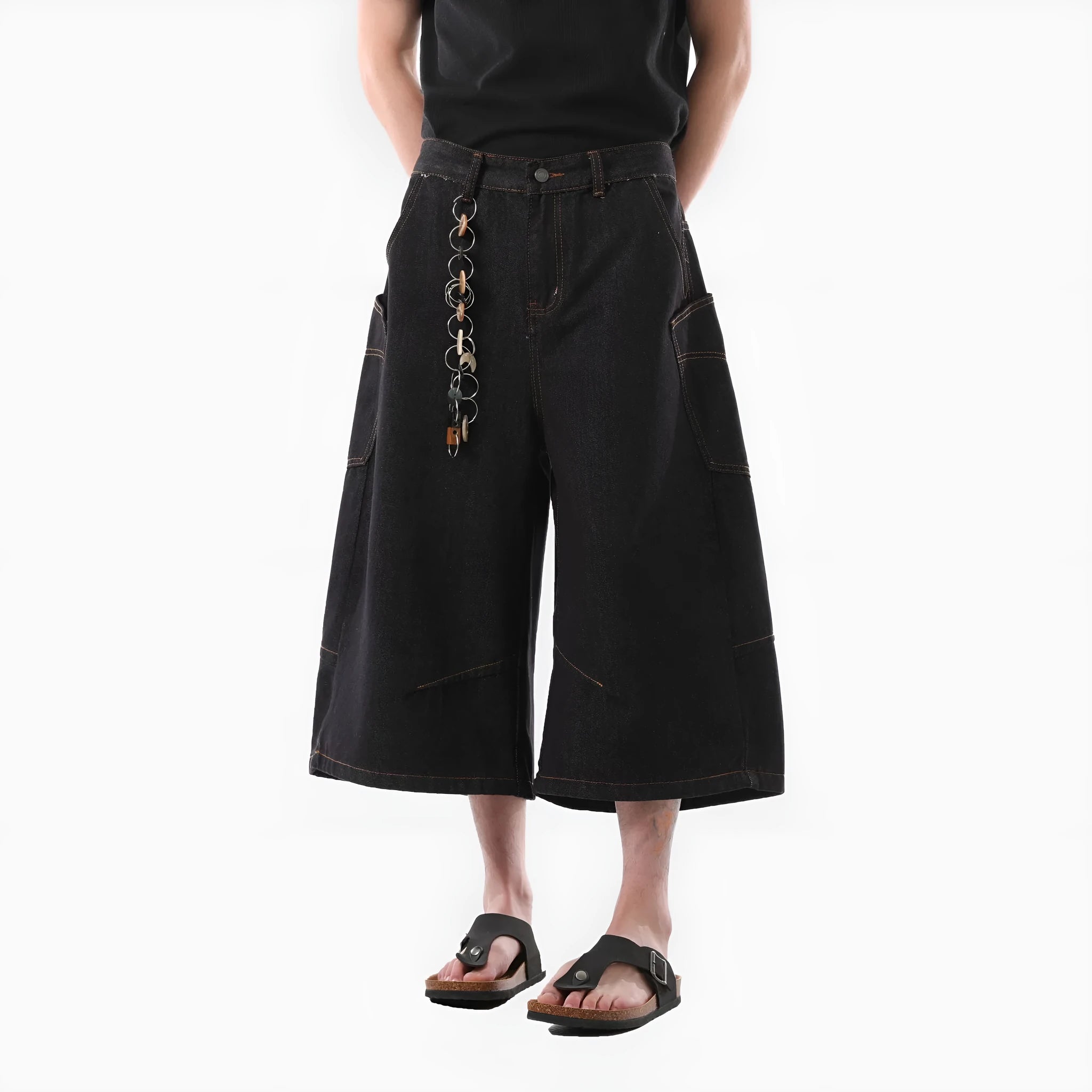 Men's black retro style cropped denim jeans with side pockets on a straight leg.
