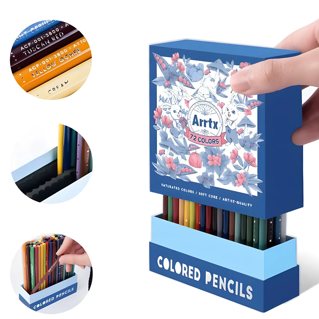 Set of 72 coloured art pencils in a box, with basswood barrels and soft cores for drawing and sketching.