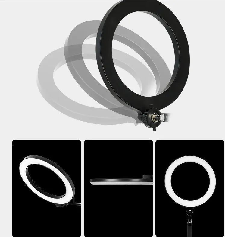 Black mobile phone tablet stand with fill light for live broadcast shooting showing folding rotation design