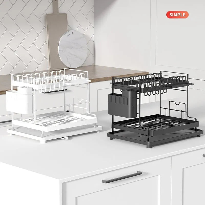 White double-layer kitchen storage rack with removable shelves for draining and organisation.