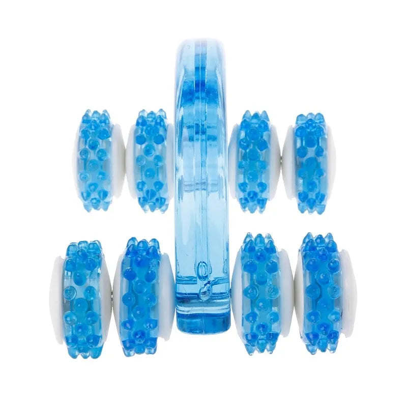 Blue plastic body massager with eight roller wheels and ergonomic handle, 13 x 9 cm, on a clean white background