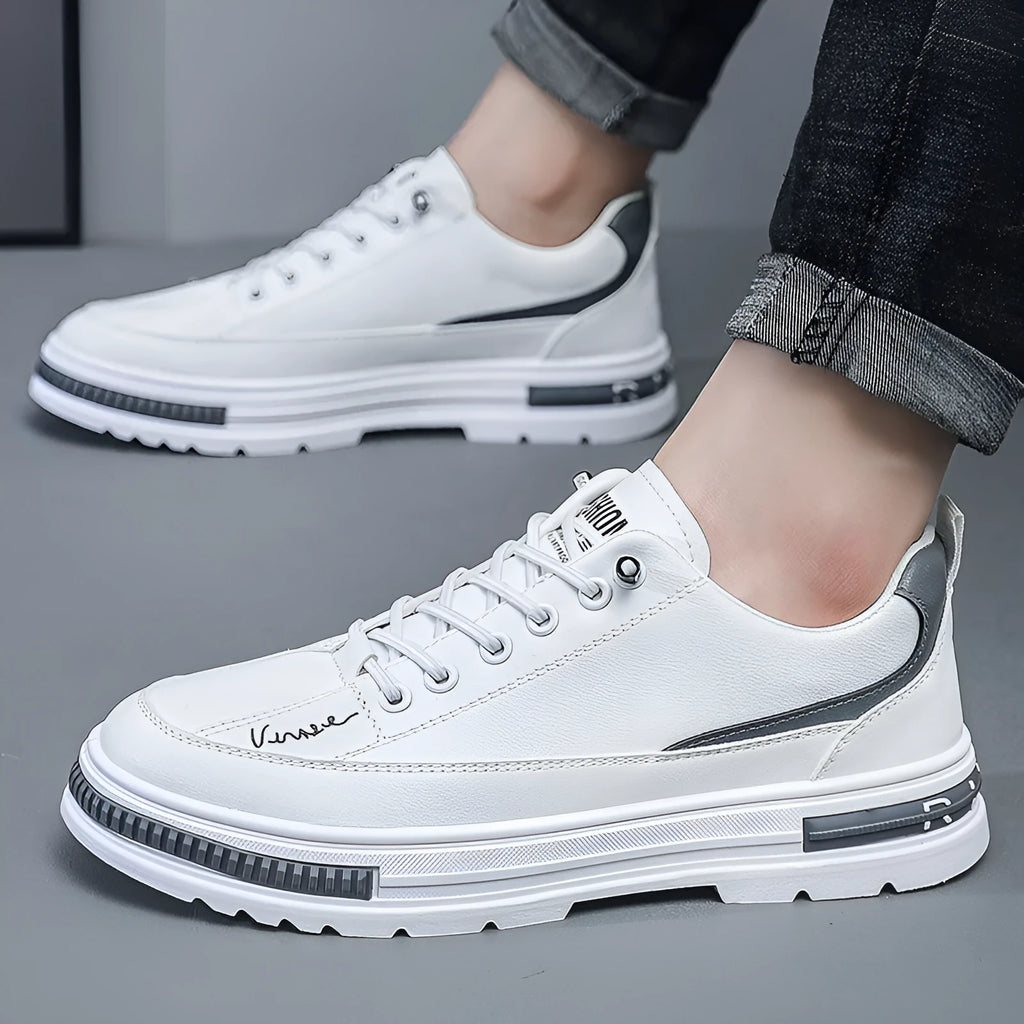 Men's black and white platform sneakers with elastic band closure and round toe design