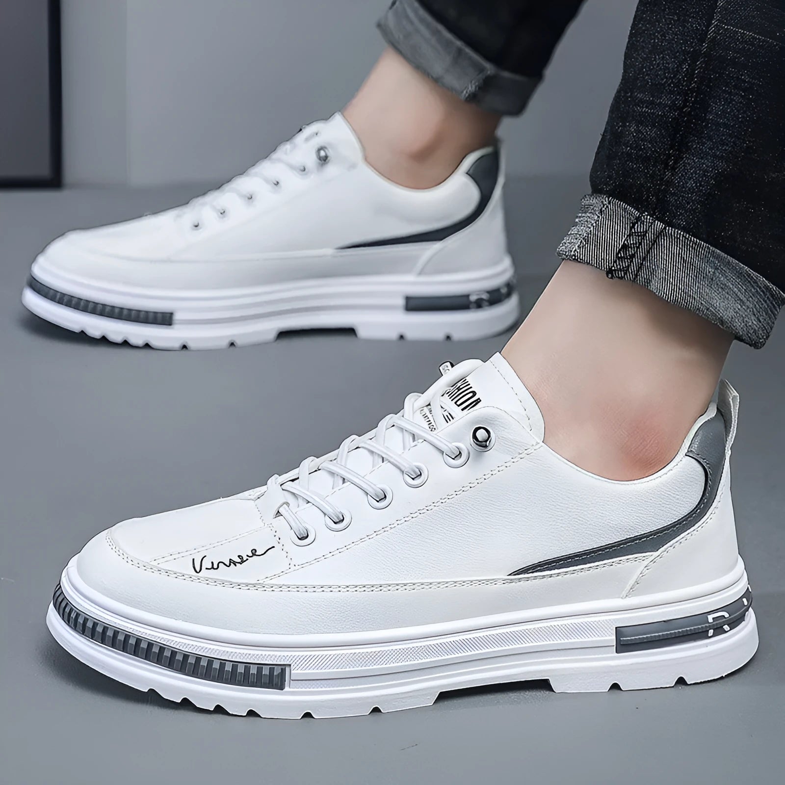 Men's black and white platform sneakers with elastic band closure and round toe design