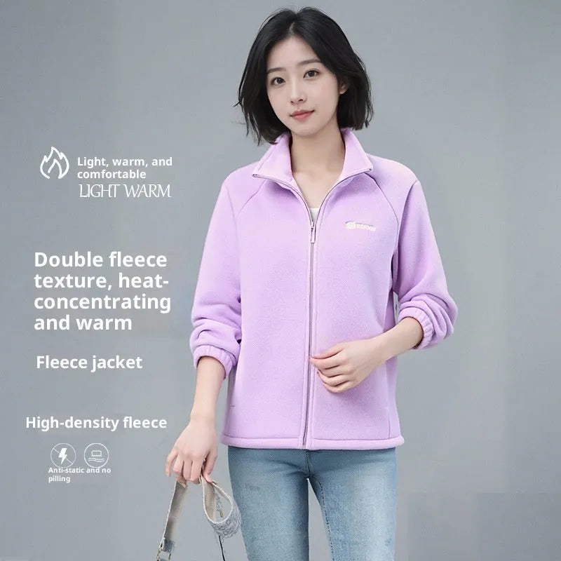 Polar fleece jacket cardigan with stand collar and zipper front in orange colour, polyester fabric, available in sizes S to XXL