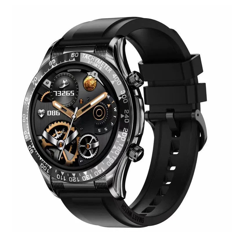 Men's black Bluetooth smartwatch with a round IPS screen on a silicone strap, showing fitness stats.