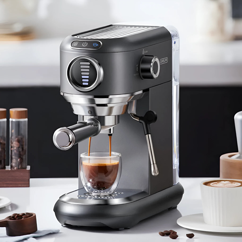 Dark gray espresso coffee machine with steam wand and control panel on countertop