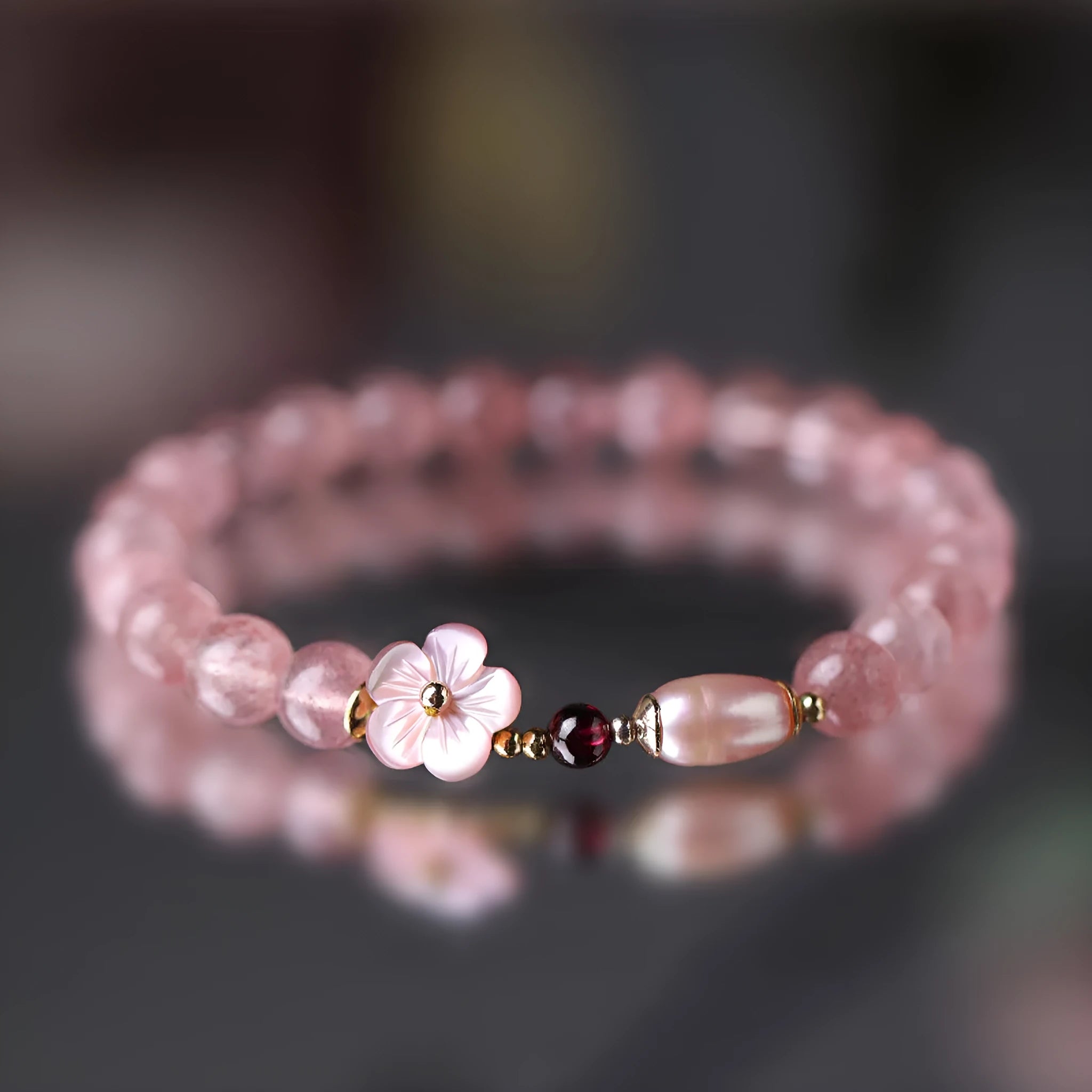 Strawberry quartz peach blossom crystal bracelet with flower charms for women