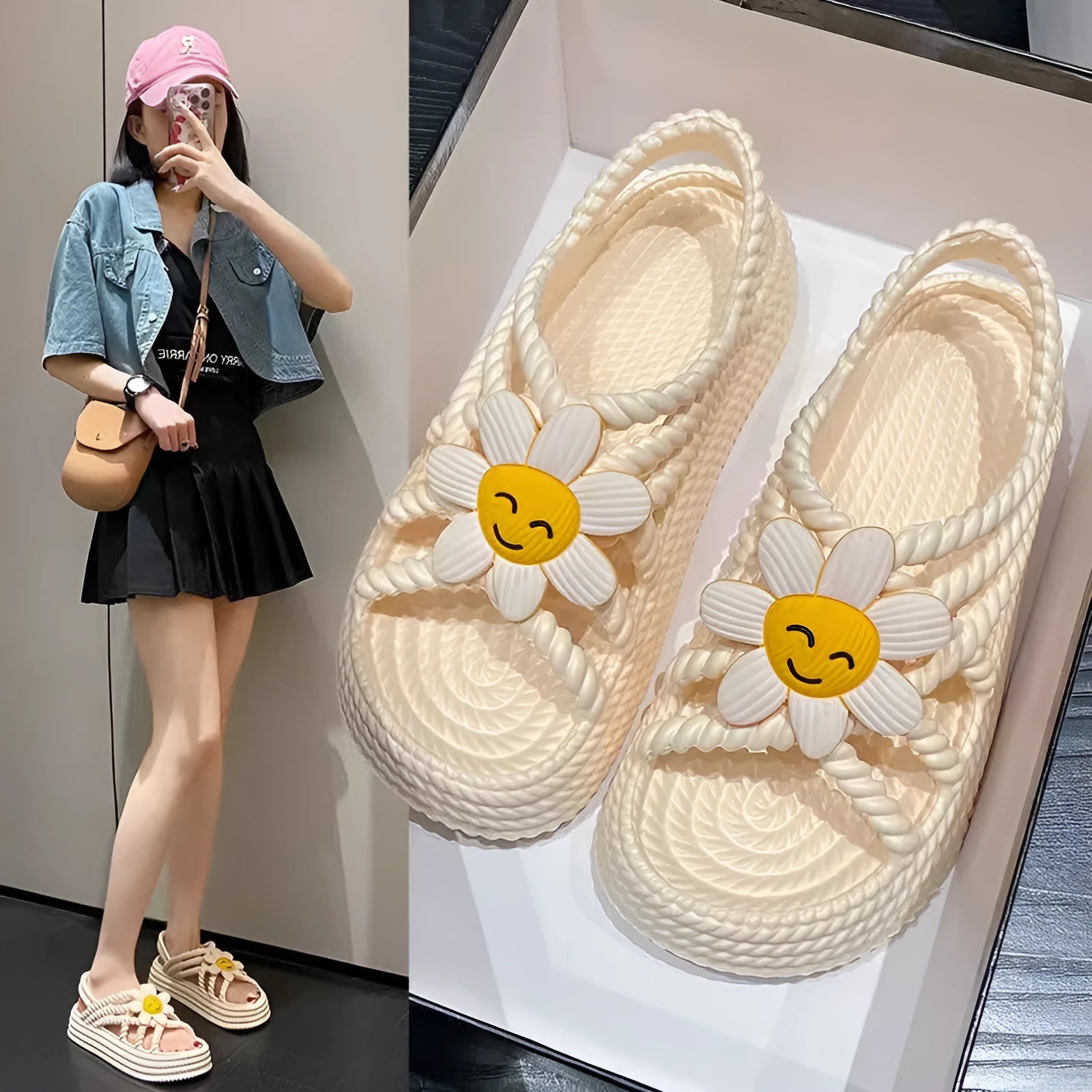 Beige PVC sandals with sunflower decoration and non-slip sole shown in size 36-37