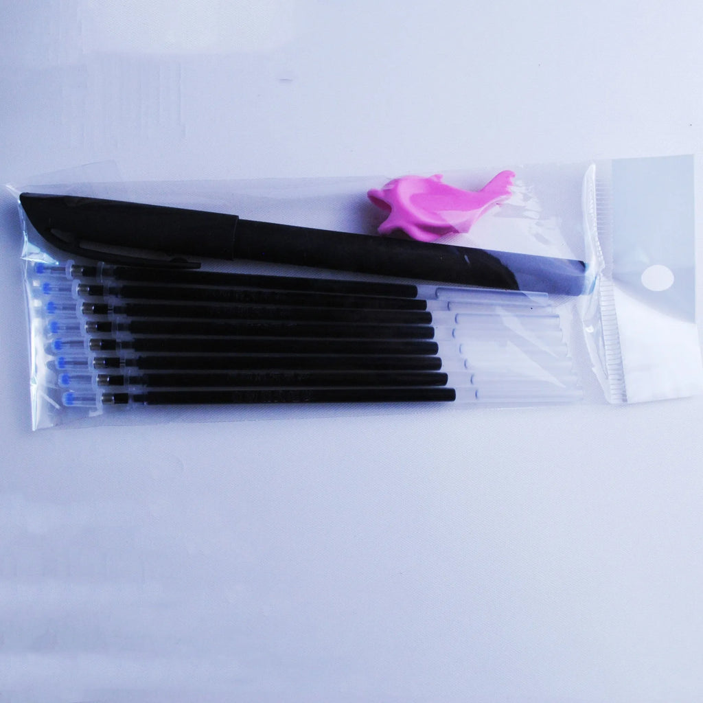 Portable plastic pen holder and eight 0.5mm blue ink refills on a white background.