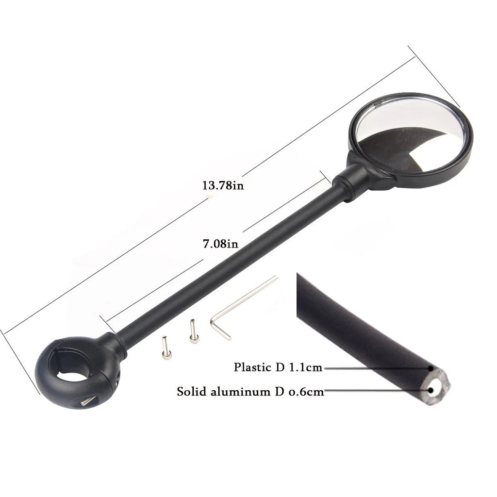 Black metal bicycle rearview mirror with adjustable hose mechanism for handlebar mounting