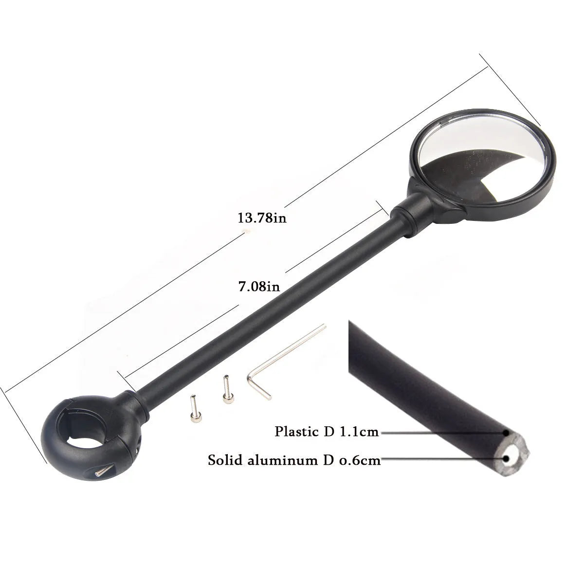 Black metal bicycle rearview mirror with adjustable hose mechanism for handlebar mounting