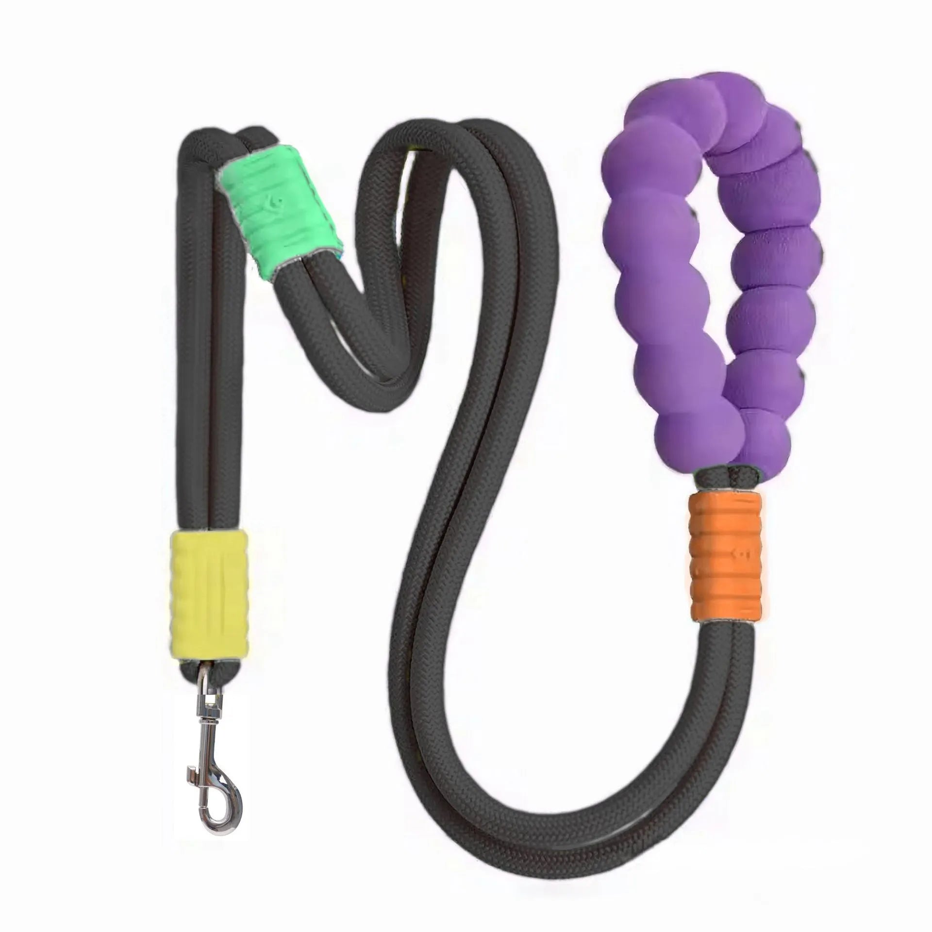 Nylon dog lead with foam handle showing black, light purple, sky blue and yellow colour options