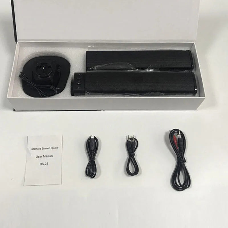 Black foldable split TV Bluetooth speaker system showing two plastic speakers with dimensions 490mm x 50mm x 50mm
