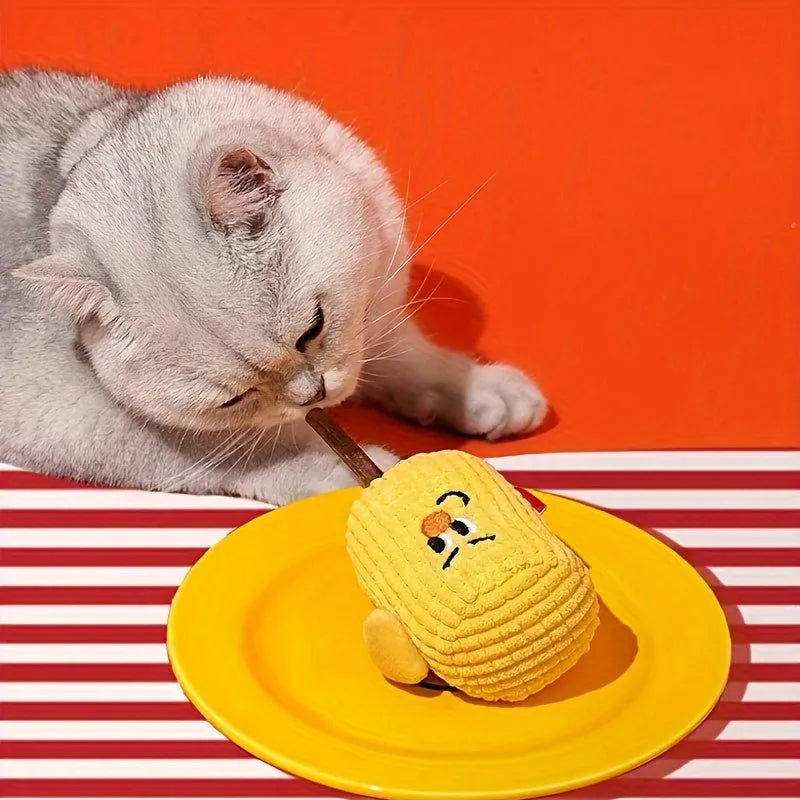 Natural wood corn cob shaped cat chew toy for dental health, measuring 15cm long with textured surface