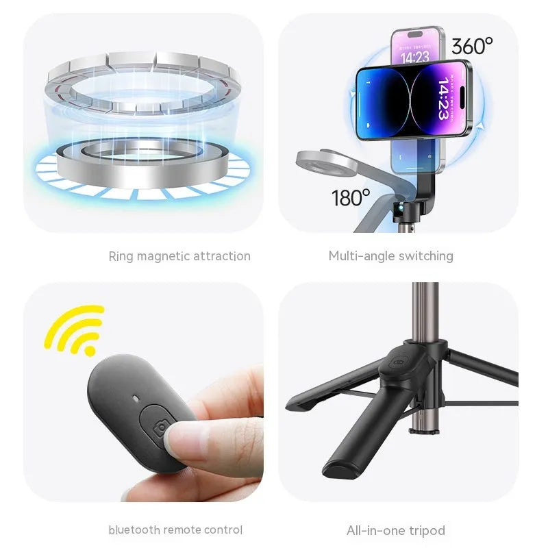 Magnetic mini selfie stick in black with Bluetooth remote and aluminium alloy tripod on a table